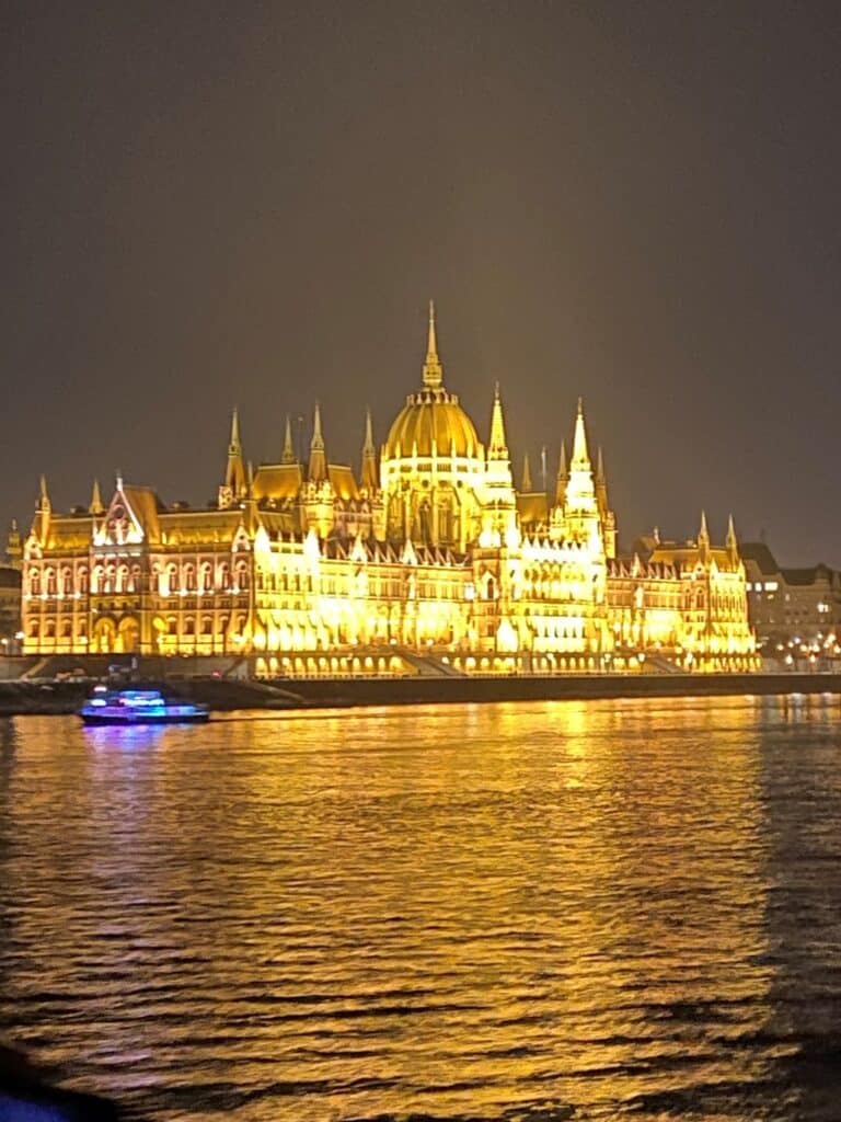 Hungarian Parliament Building in Budapest from the Danube at night time